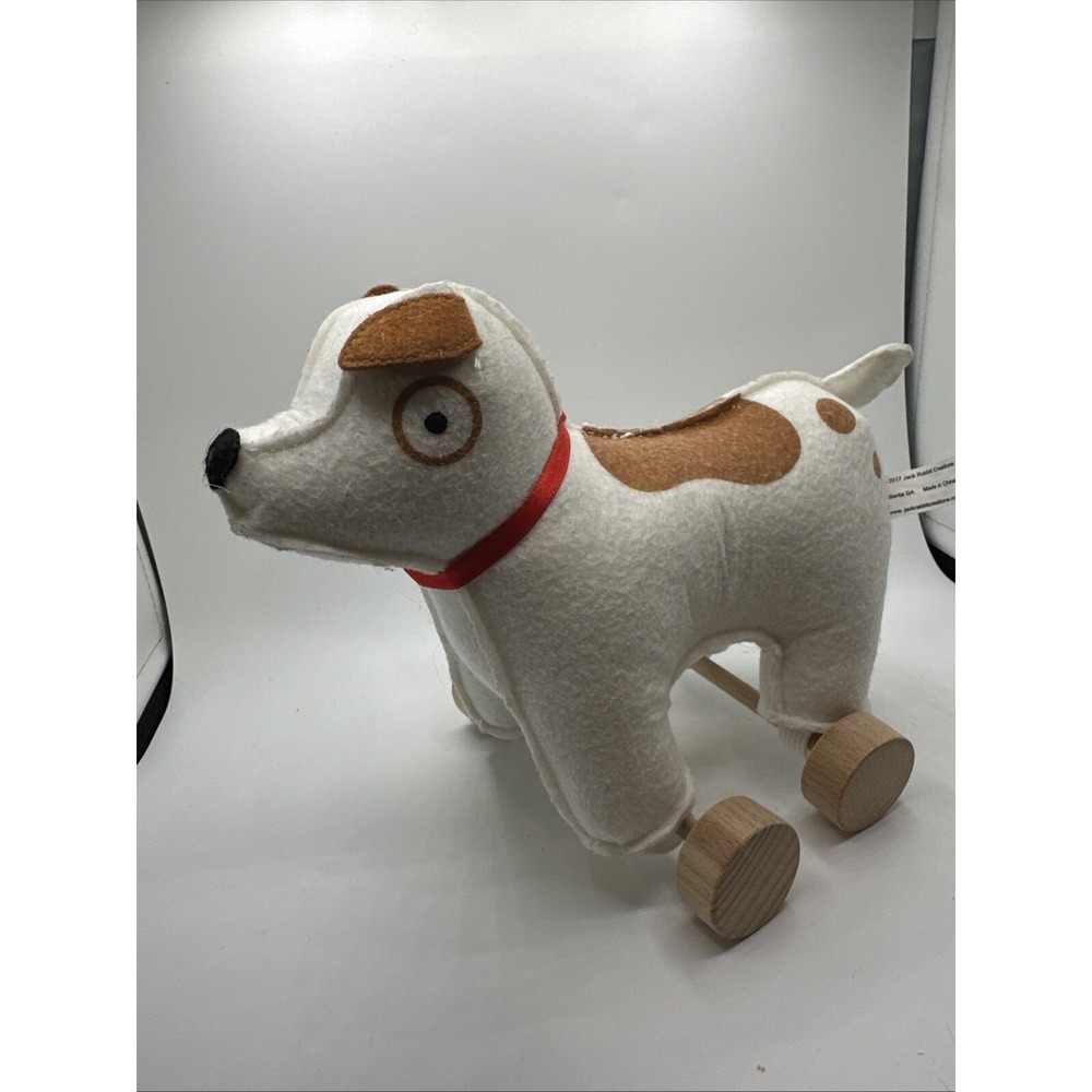 Jack Rabbit Creations Felt Dog Pull Toy Wooden Wheels White Brown Spots Heart